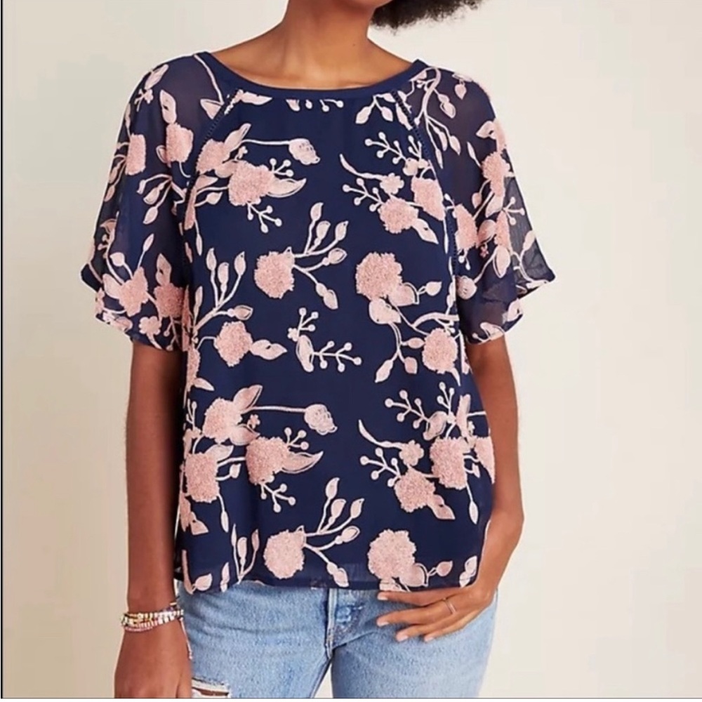 Anthropologie Maeve Embroidered Floral Blouse with Sheer Sleeves Women’s XL
